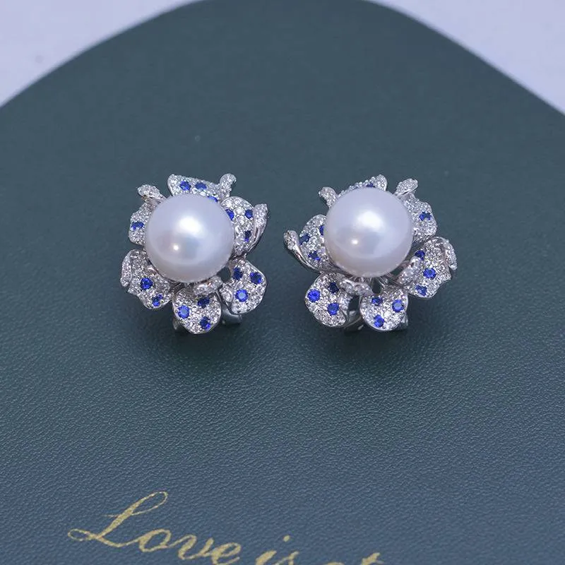 10-11mm Freshwater Pearl CZ Flower Earrings