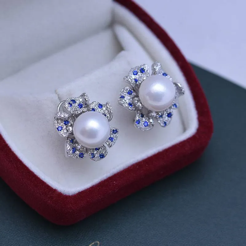 10-11mm Freshwater Pearl CZ Flower Earrings