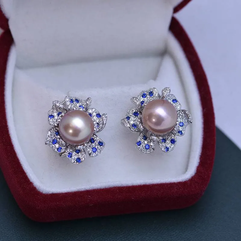 10-11mm Freshwater Pearl CZ Flower Earrings