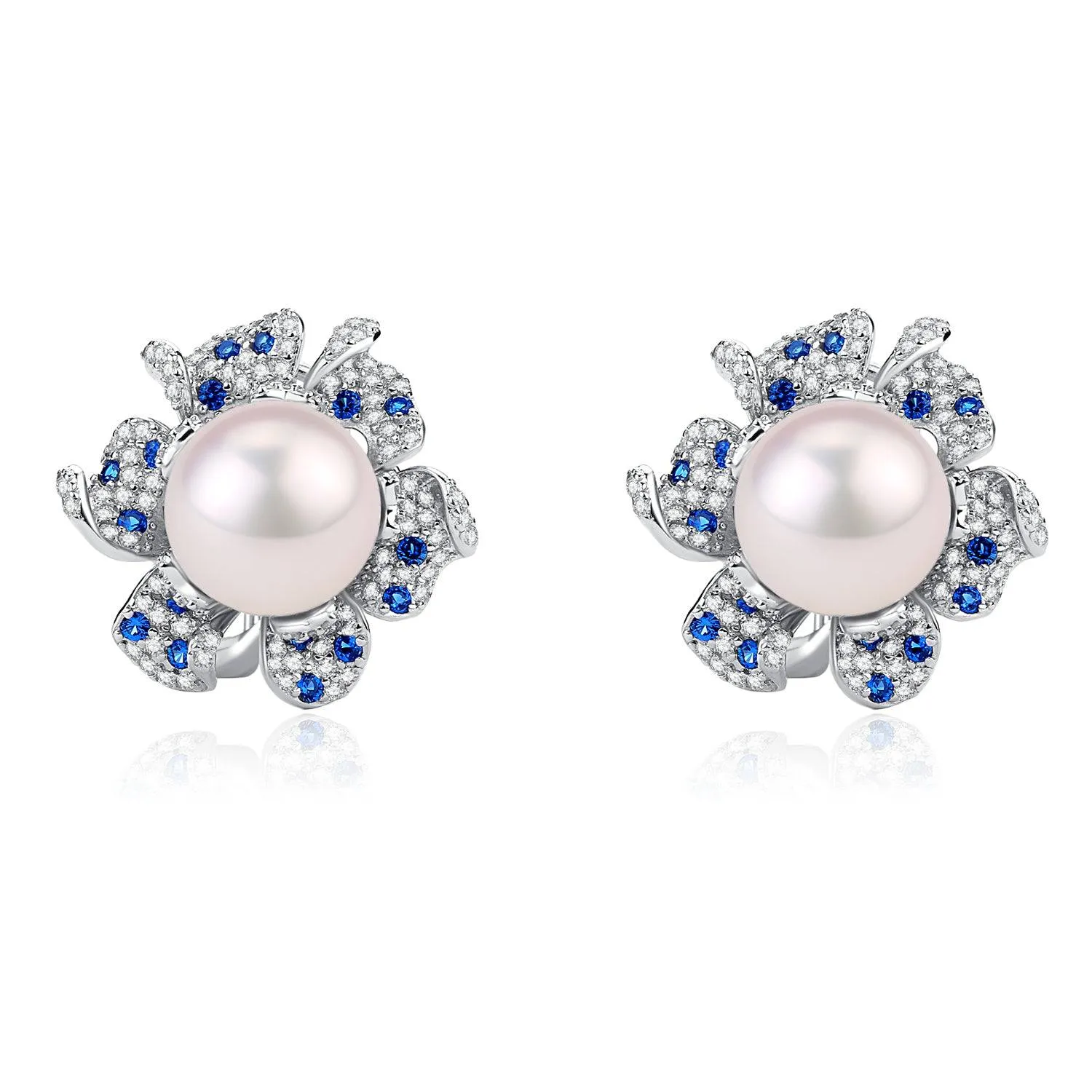 10-11mm Freshwater Pearl CZ Flower Earrings