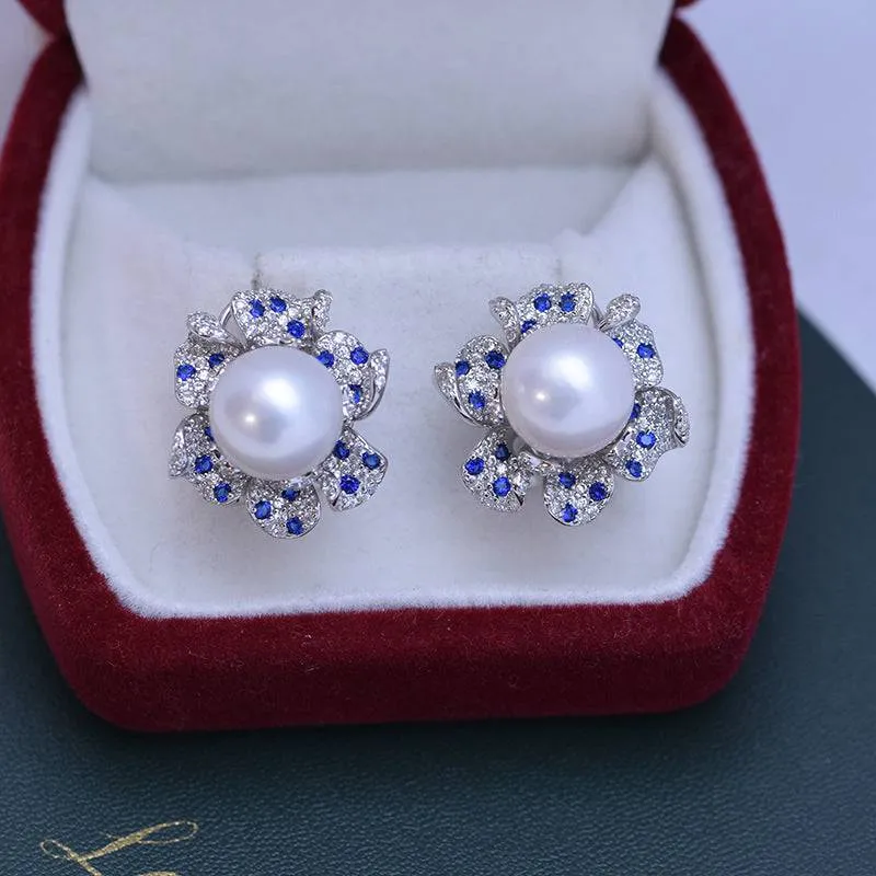 10-11mm Freshwater Pearl CZ Flower Earrings