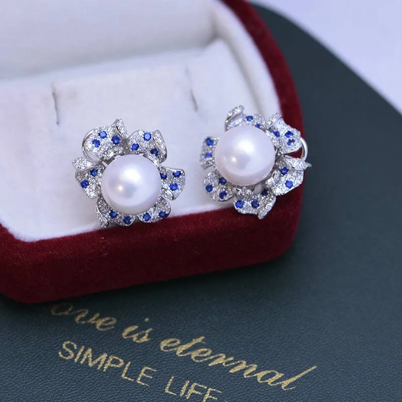 10-11mm Freshwater Pearl CZ Flower Earrings
