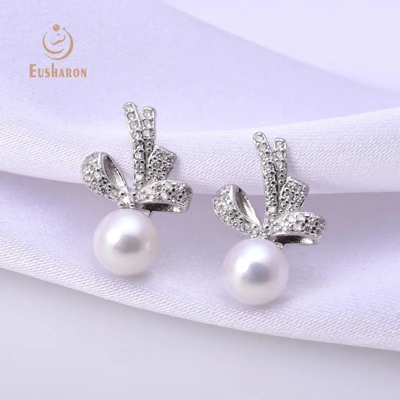 10 Pairs Bow Sterling Silver Freshwater Pearl Studs
