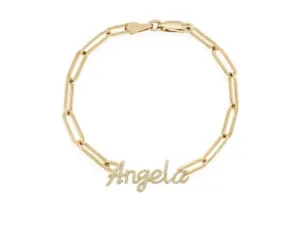 14k Diamond Script Name On A Link Chain Bracelet