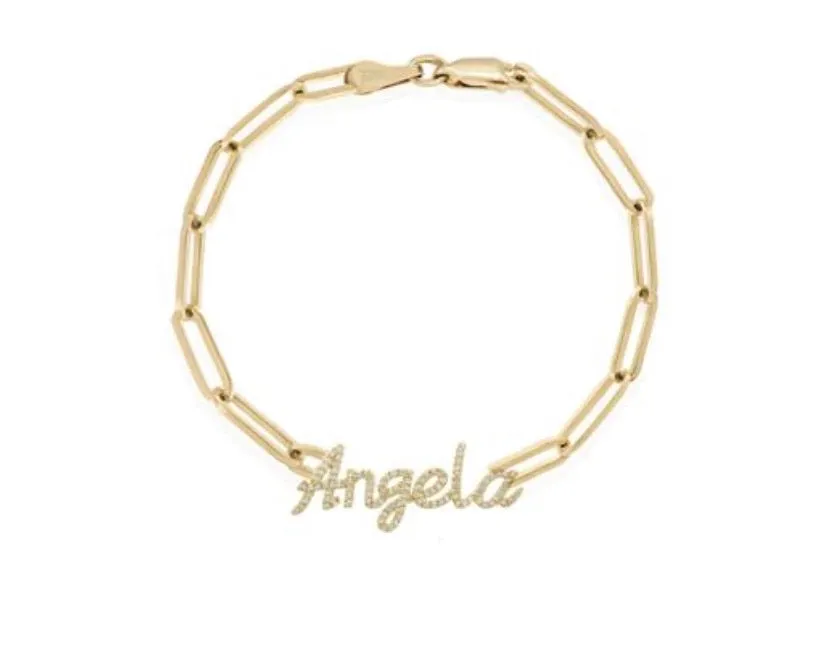 14k Diamond Script Name On A Link Chain Bracelet
