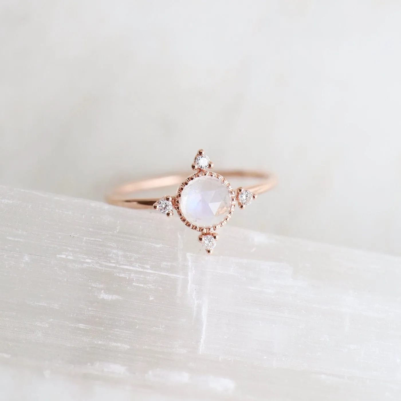 14k Rose Gold Moonstone Ring with Compass Point Souli Diamonds