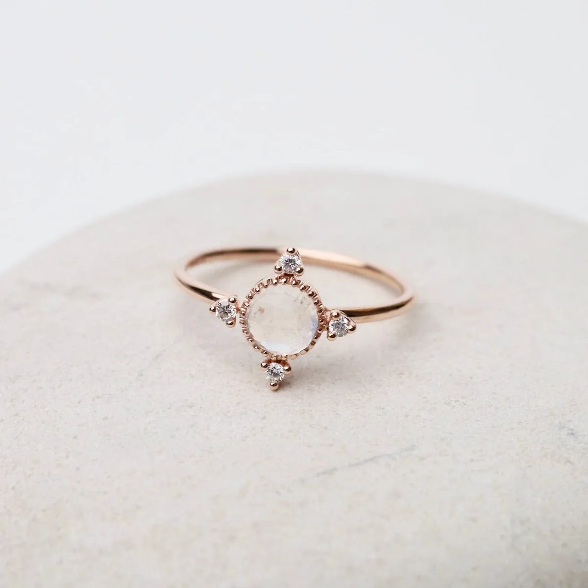 14k Rose Gold Moonstone Ring with Compass Point Souli Diamonds