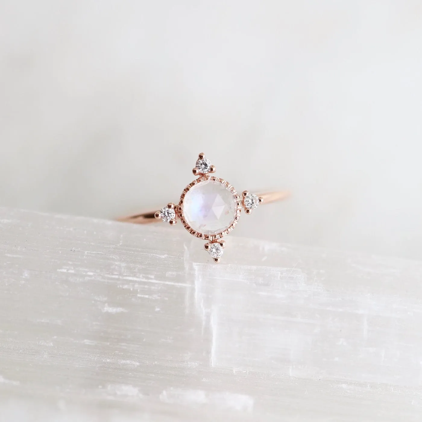 14k Rose Gold Moonstone Ring with Compass Point Souli Diamonds
