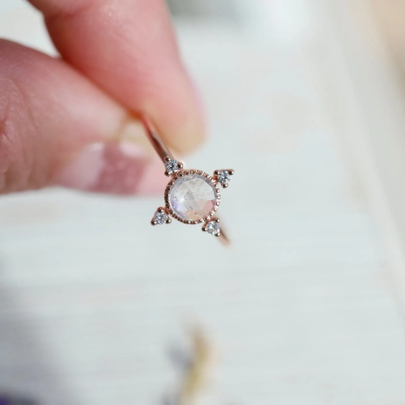 14k Rose Gold Moonstone Ring with Compass Point Souli Diamonds