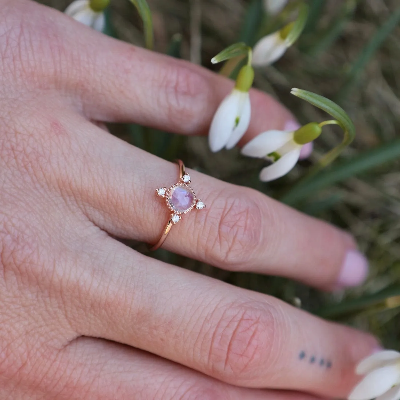 14k Rose Gold Moonstone Ring with Compass Point Souli Diamonds