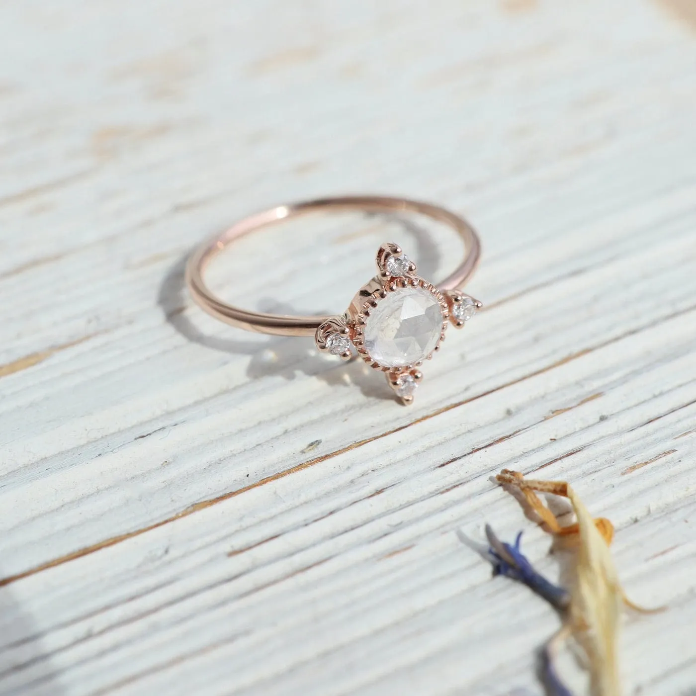 14k Rose Gold Moonstone Ring with Compass Point Souli Diamonds