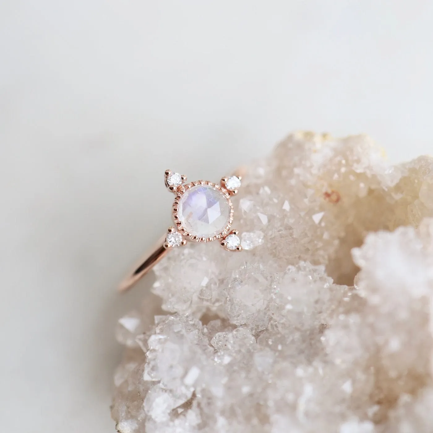 14k Rose Gold Moonstone Ring with Compass Point Souli Diamonds