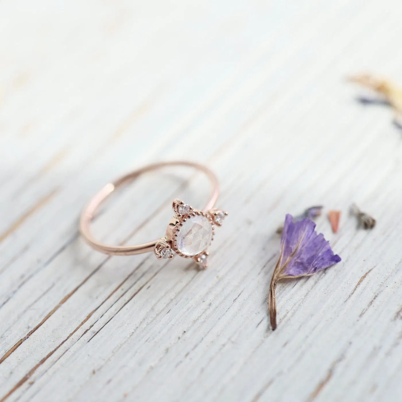 14k Rose Gold Moonstone Ring with Compass Point Souli Diamonds