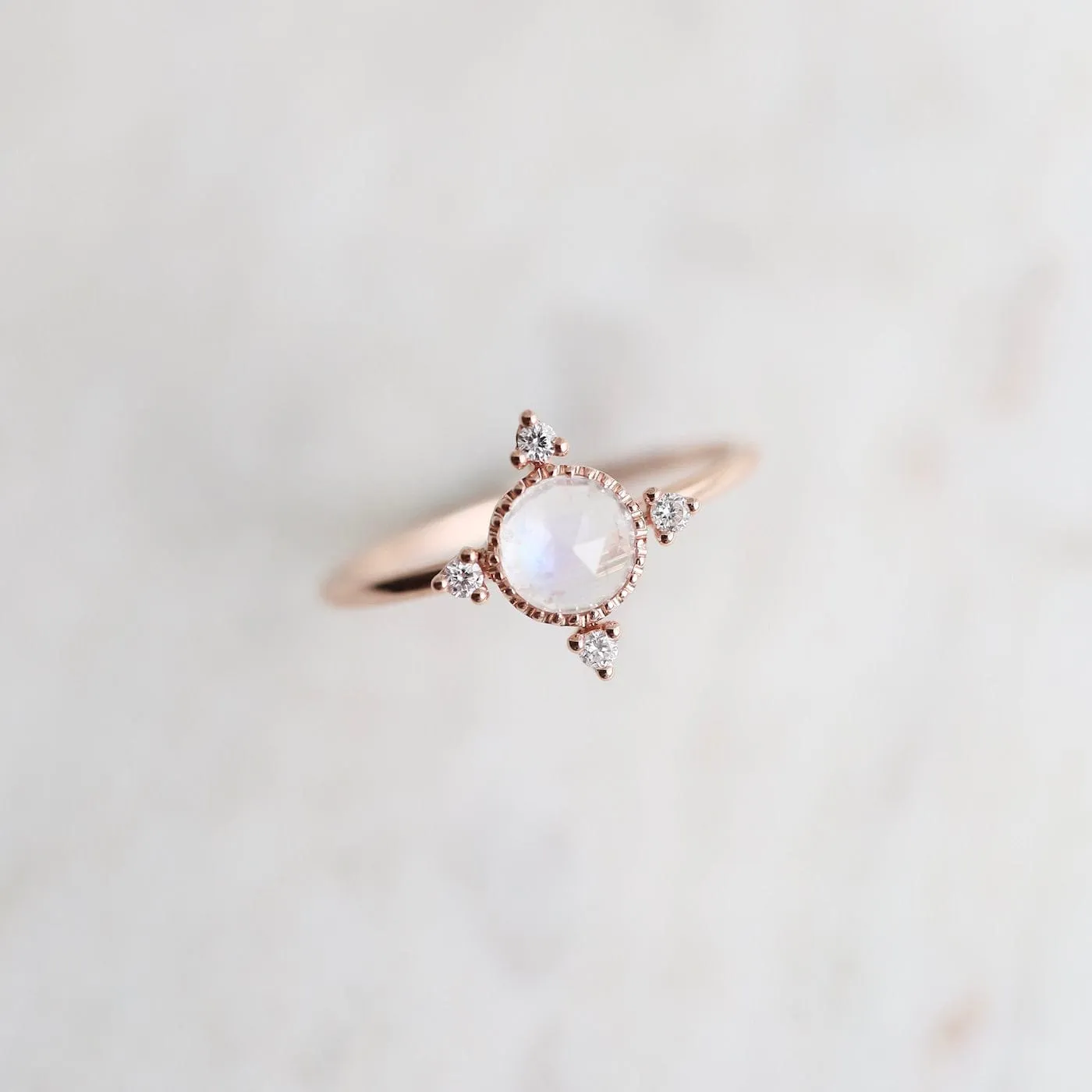 14k Rose Gold Moonstone Ring with Compass Point Souli Diamonds