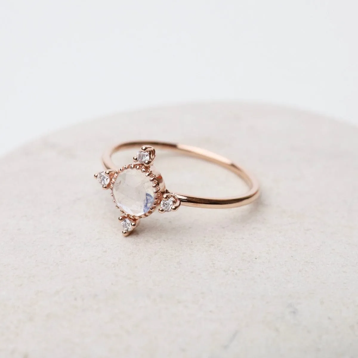14k Rose Gold Moonstone Ring with Compass Point Souli Diamonds