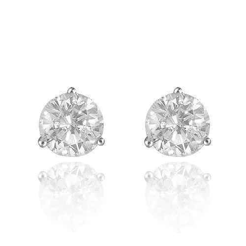 14K Solid White Gold Diamond Stud 3-Prong Earrings