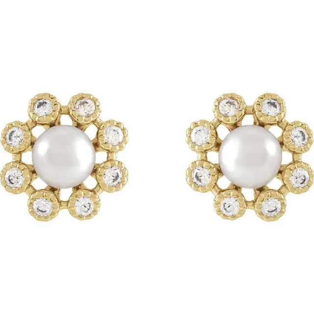 14K White Gold Cultured White Freshwater Pearl & 1/8 CTW Natural Diamond Earrings