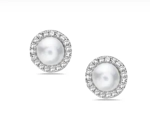 14k White Gold Pearl & Diamond Halo Stud Earrings (I8544)