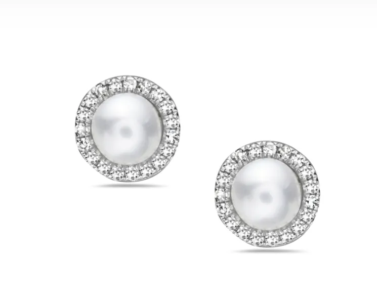 14k White Gold Pearl & Diamond Halo Stud Earrings (I8544)