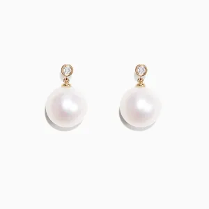 14K Yellow Gold Cultured Fresh Water Pearl & Diamond Earrings, 0.05 TCW