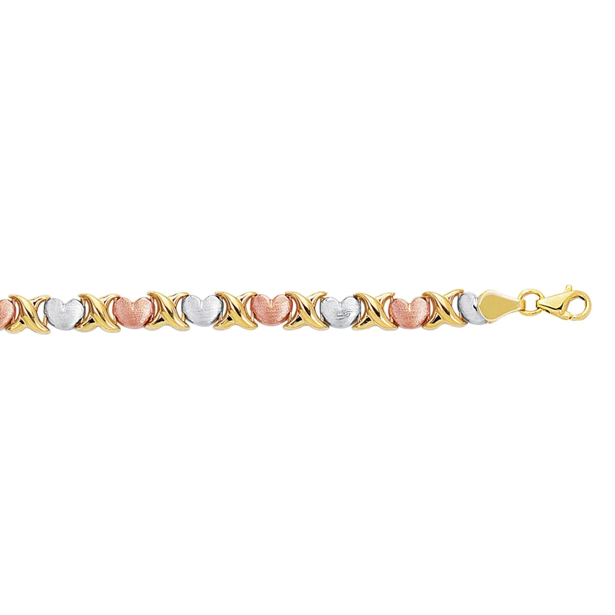 14kt 7.25 inches Yellow White Rose Gold Textured Shiny Tri Color Hugs Kisses Bracelet with Pear Shape Clasp