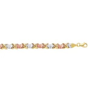 14kt 7.25 inches Yellow White Rose Gold Textured Shiny Tri Color Hugs Kisses Bracelet with Pear Shape Clasp
