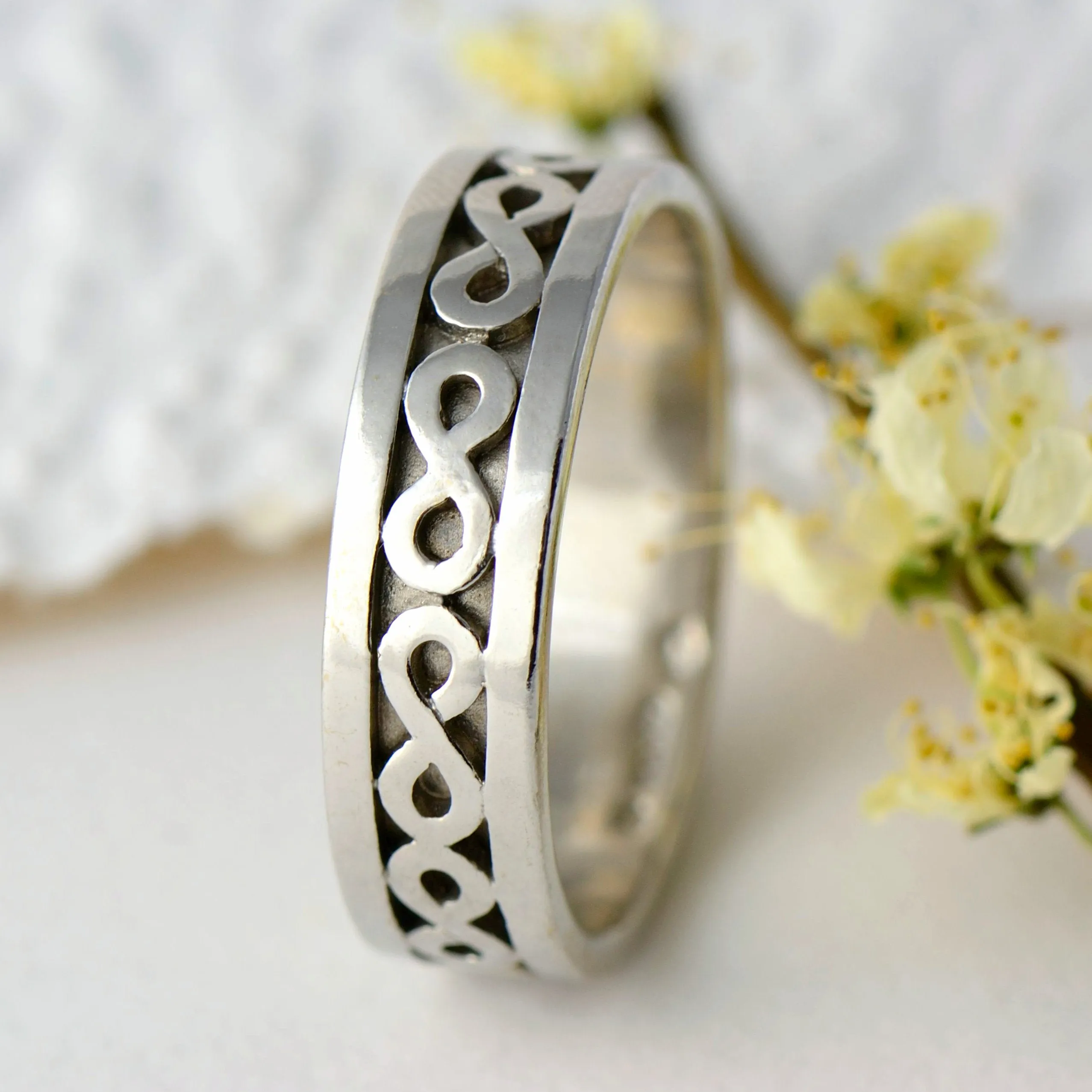 18ct white fairtrade gold wedding band ring - infinity symbol ring - men's wedding band