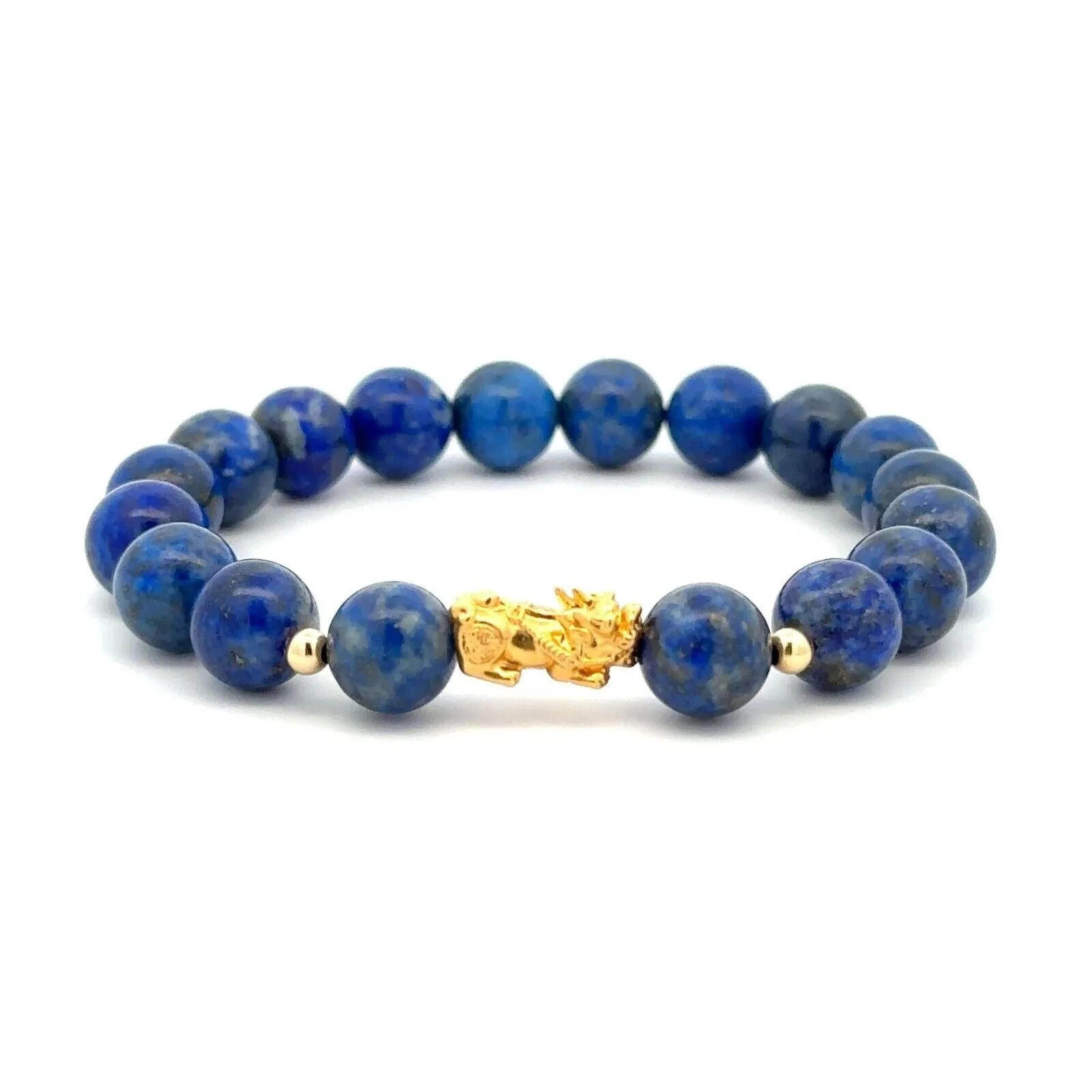18K Gold Dragon Pixiu Piyao Lucky Charm Bead Bracelet Gemstones Lapis Lazuli 8mm