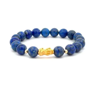 18K Gold Dragon Pixiu Piyao Lucky Charm Bead Bracelet Gemstones Lapis Lazuli 8mm