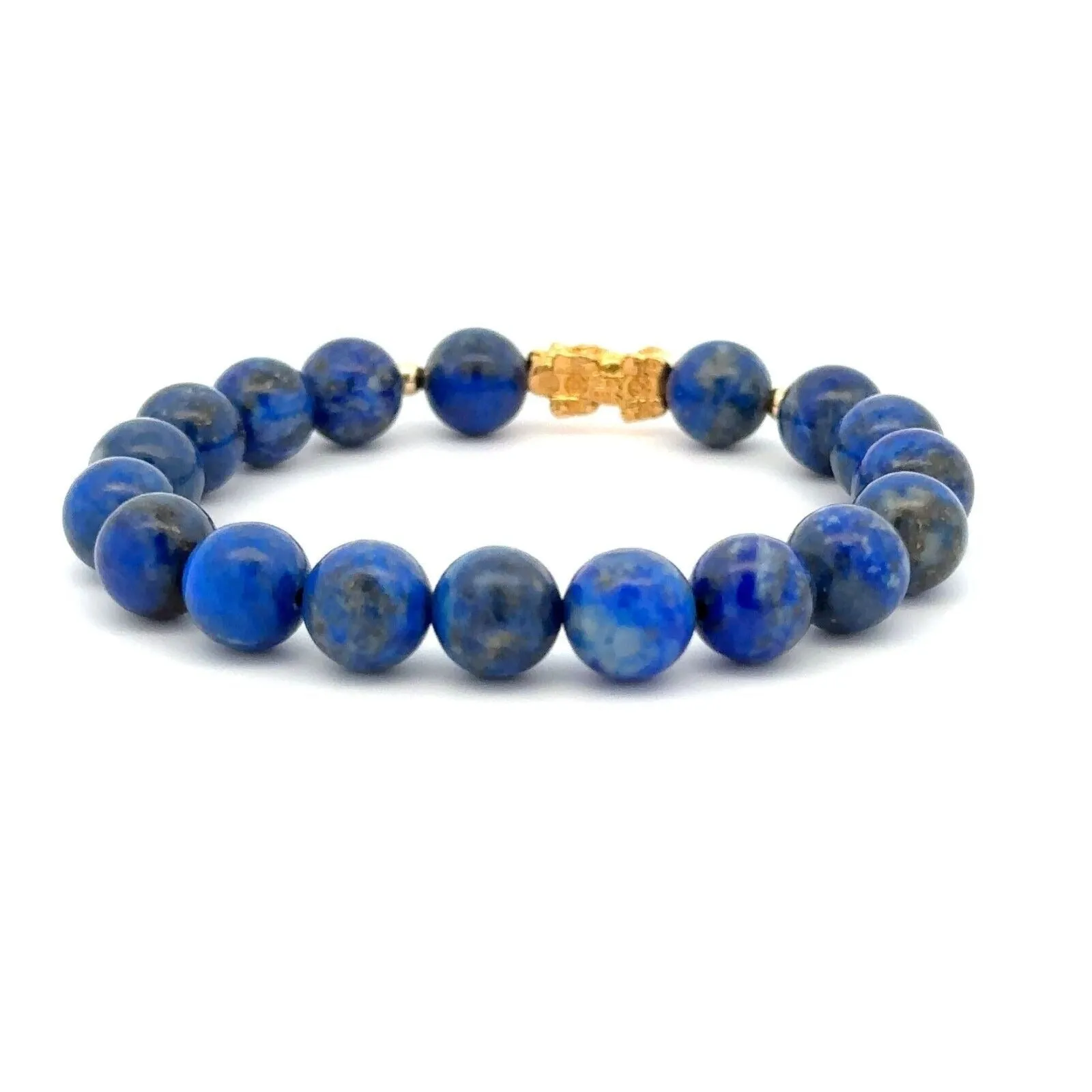 18K Gold Dragon Pixiu Piyao Lucky Charm Bead Bracelet Gemstones Lapis Lazuli 8mm