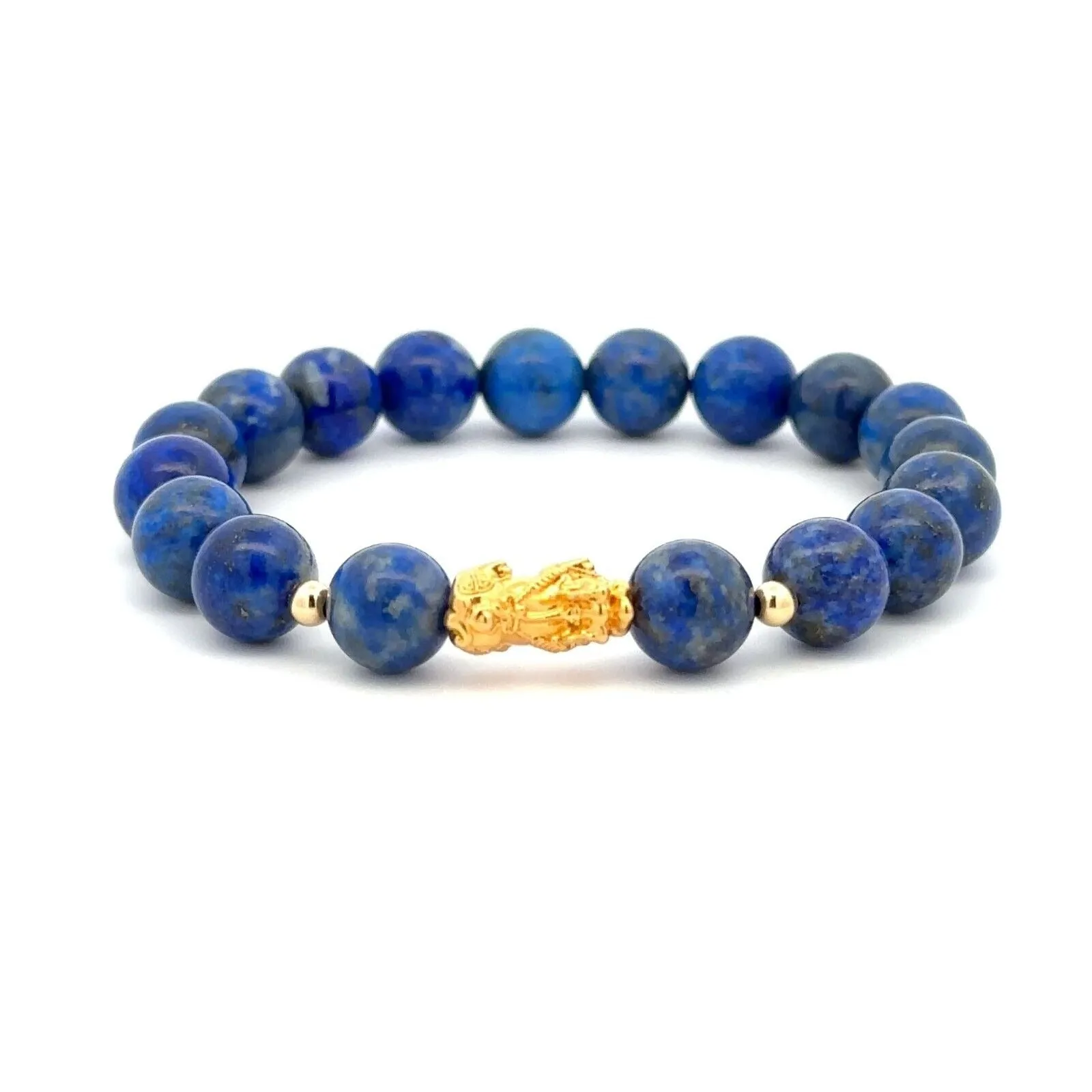 18K Gold Dragon Pixiu Piyao Lucky Charm Bead Bracelet Gemstones Lapis Lazuli 8mm