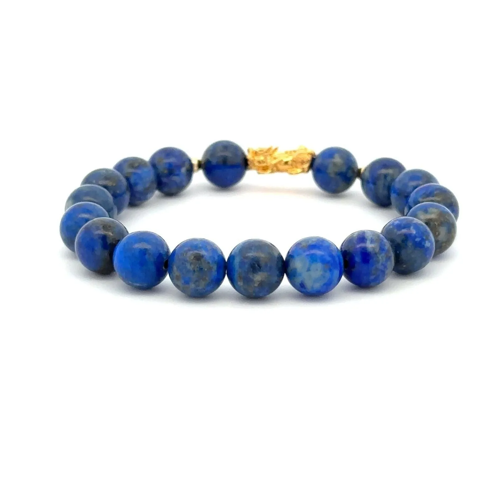 18K Gold Dragon Pixiu Piyao Lucky Charm Bead Bracelet Gemstones Lapis Lazuli 8mm