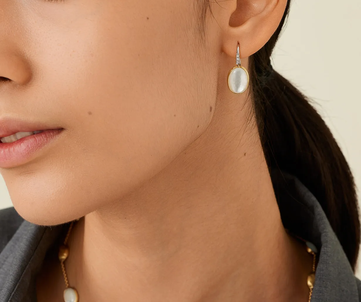 18K Yellow Gold Mother of Pearl & Diamond Drop Earrings