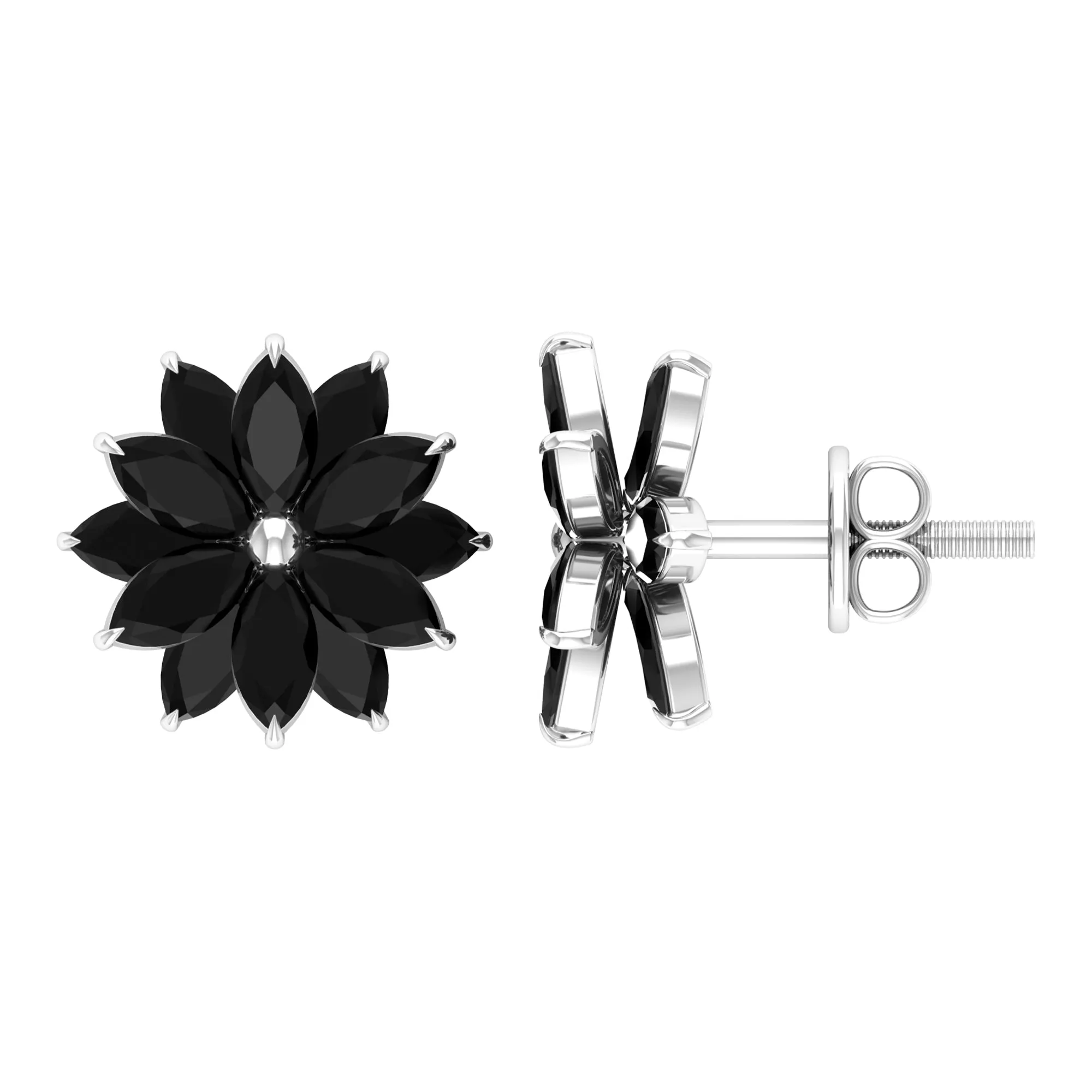 3 CT Marquise Shape Black Onyx Floral Statement Stud Earrings