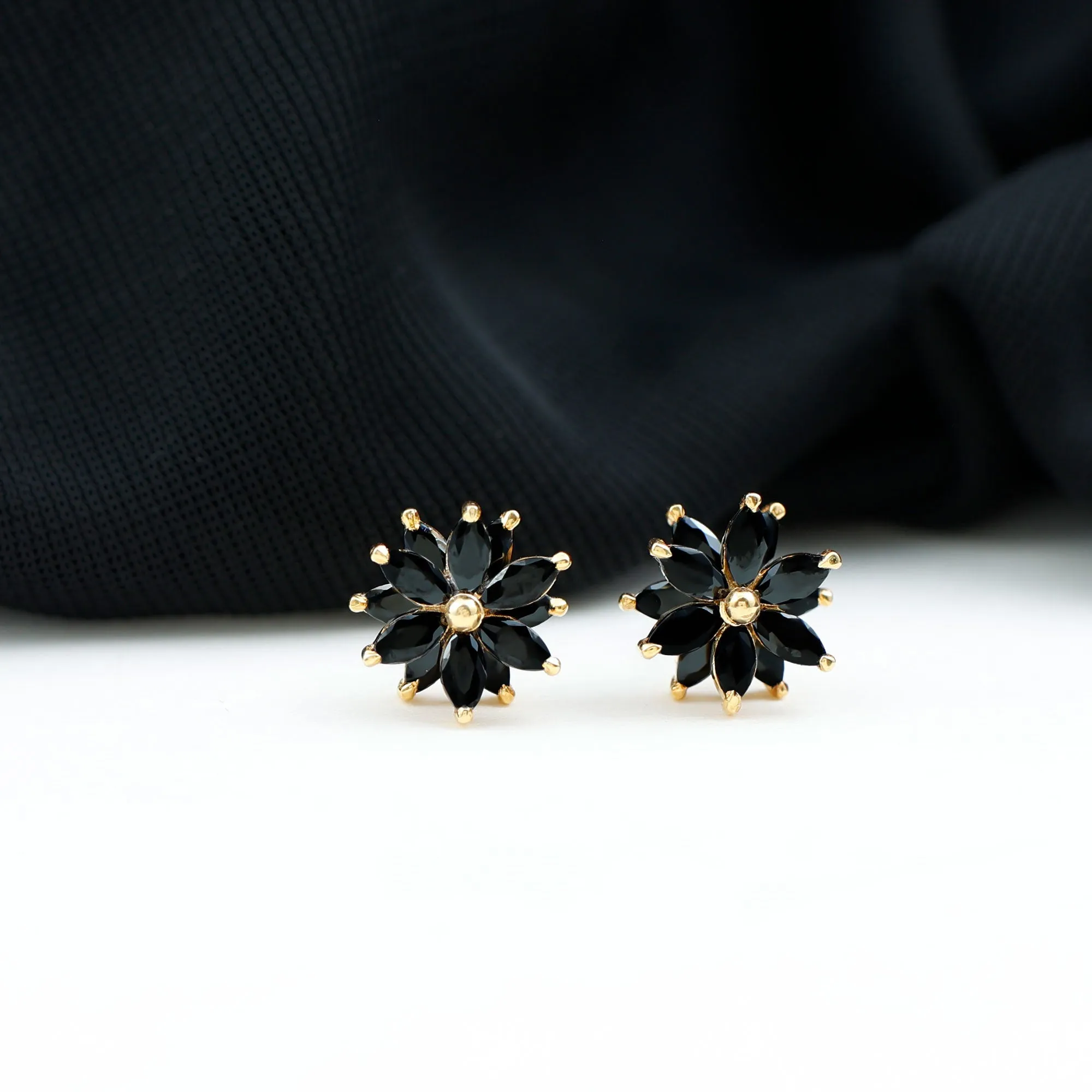 3 CT Marquise Shape Black Onyx Floral Statement Stud Earrings