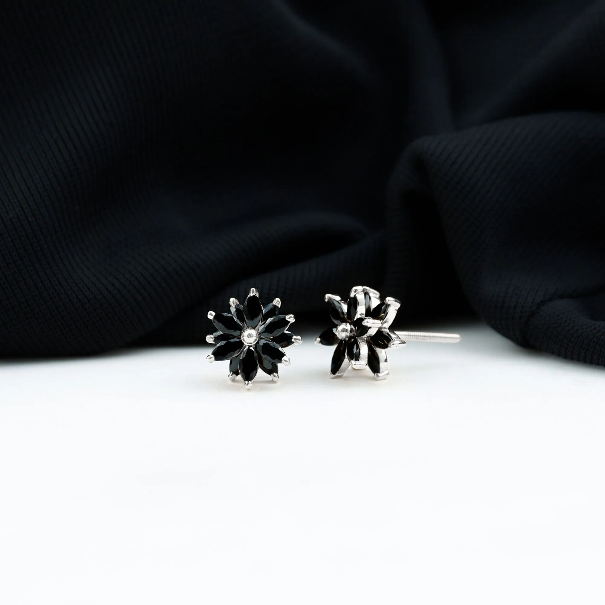 3 CT Marquise Shape Black Onyx Floral Statement Stud Earrings
