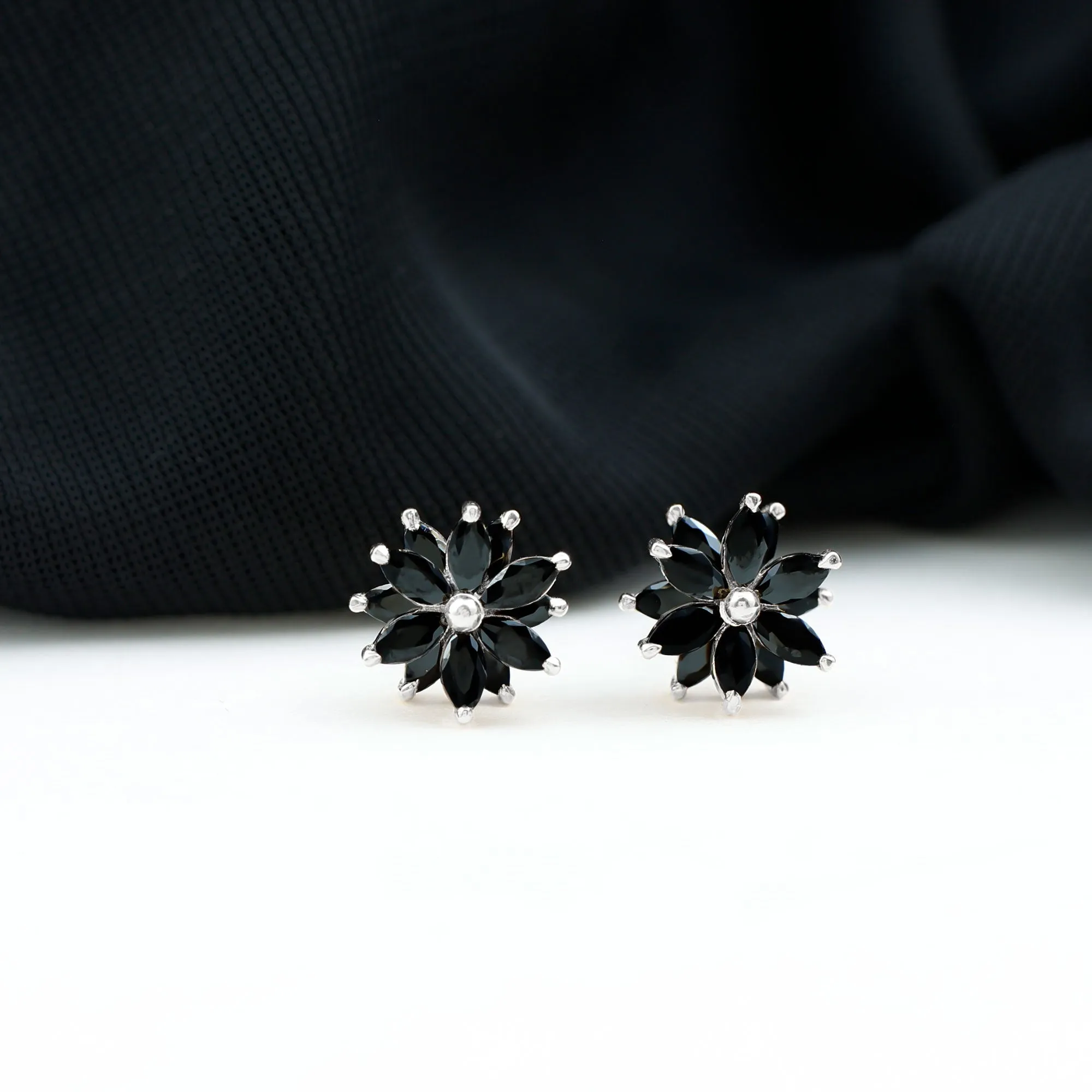 3 CT Marquise Shape Black Onyx Floral Statement Stud Earrings