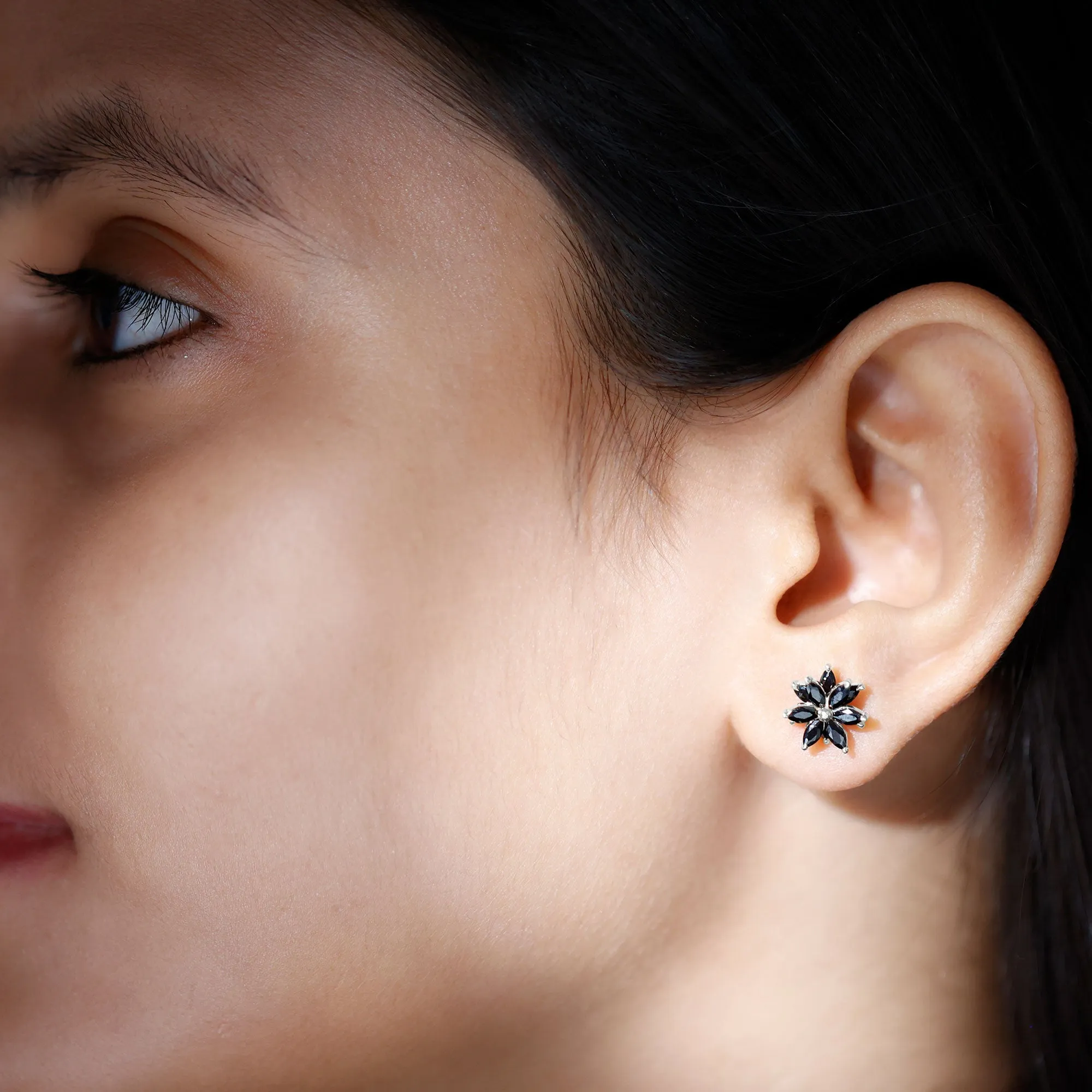 3 CT Marquise Shape Black Onyx Floral Statement Stud Earrings