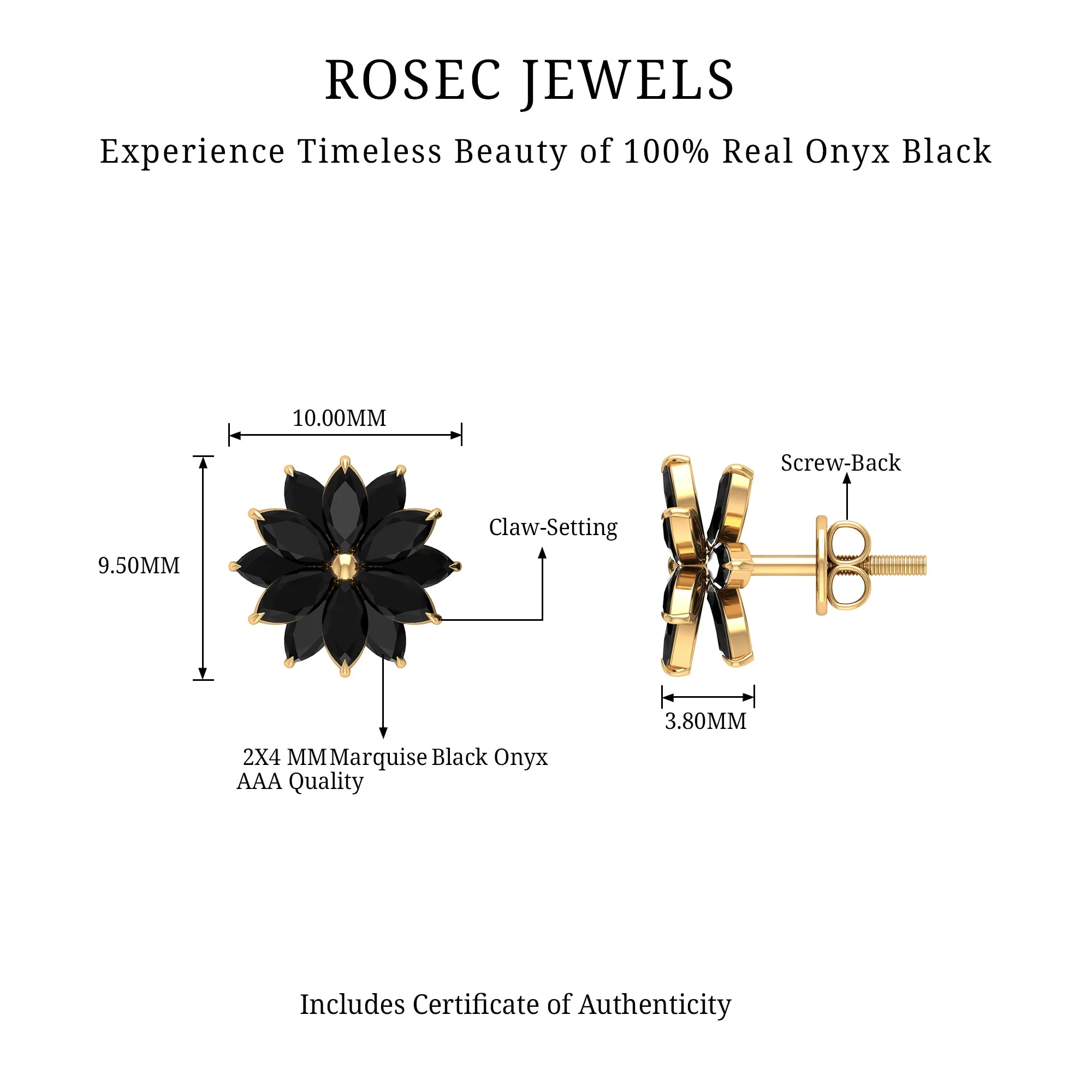 3 CT Marquise Shape Black Onyx Floral Statement Stud Earrings