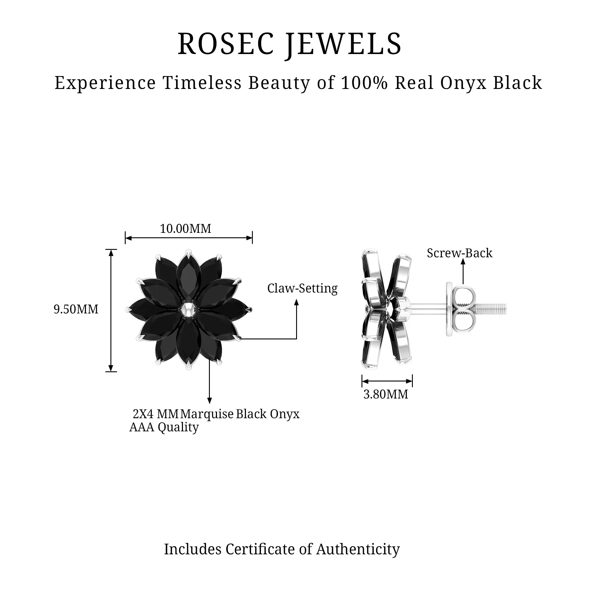 3 CT Marquise Shape Black Onyx Floral Statement Stud Earrings