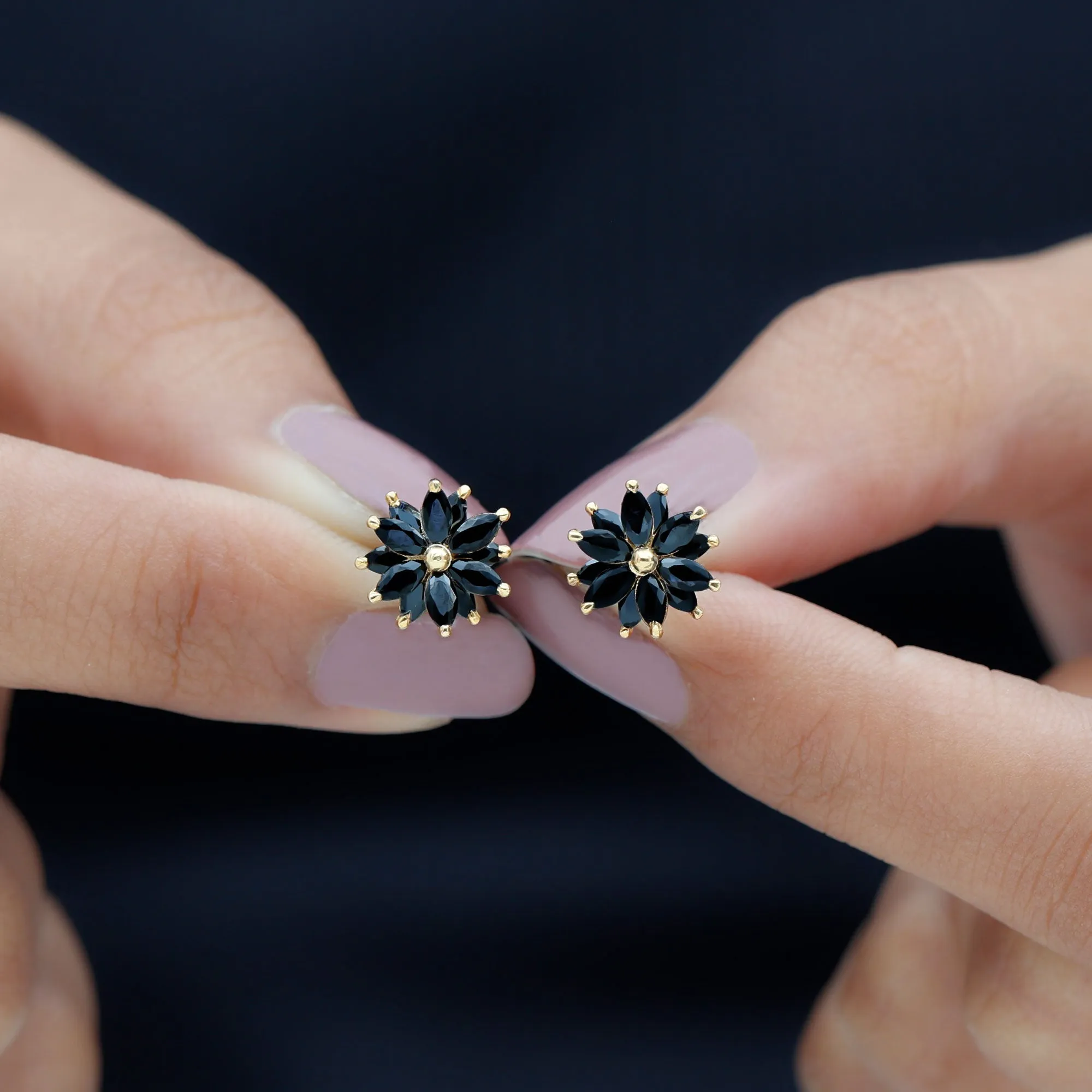3 CT Marquise Shape Black Onyx Floral Statement Stud Earrings
