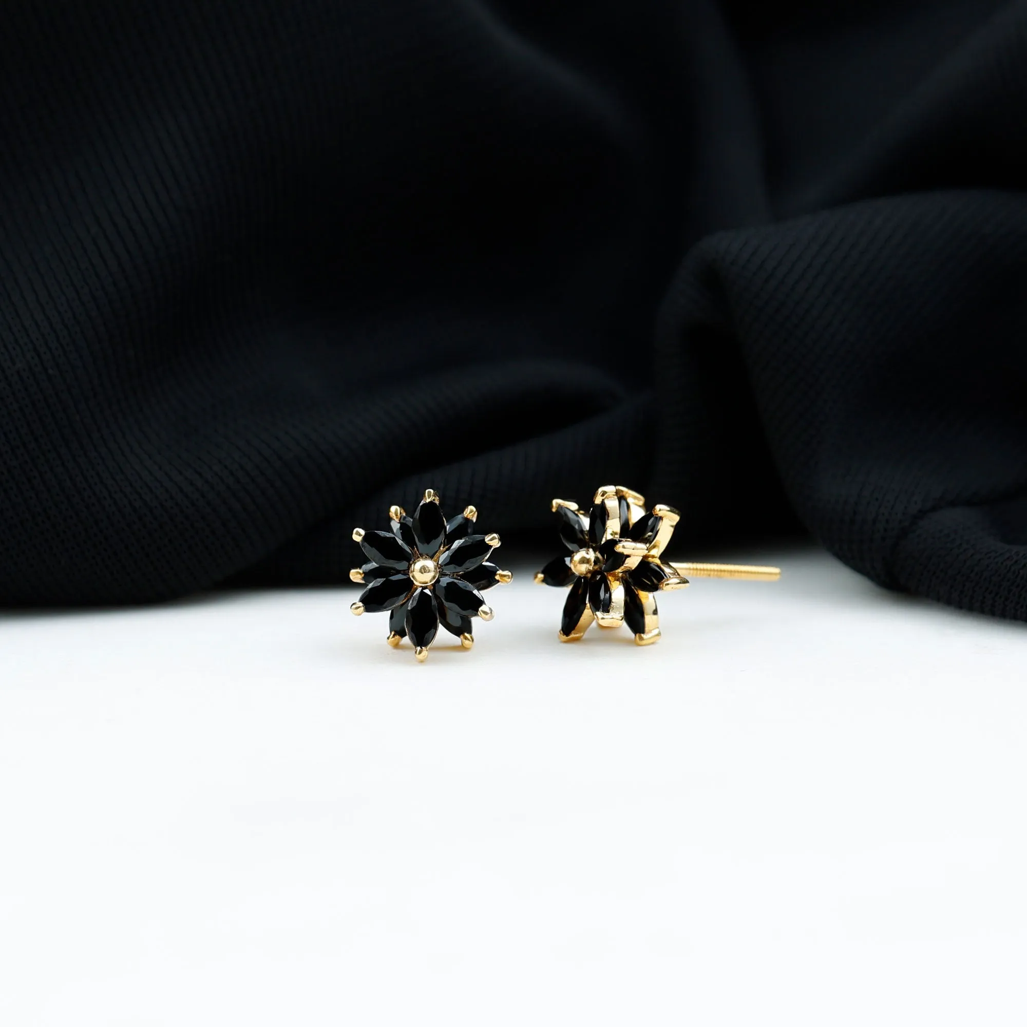 3 CT Marquise Shape Black Onyx Floral Statement Stud Earrings