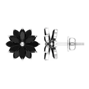 3 CT Marquise Shape Black Onyx Floral Statement Stud Earrings
