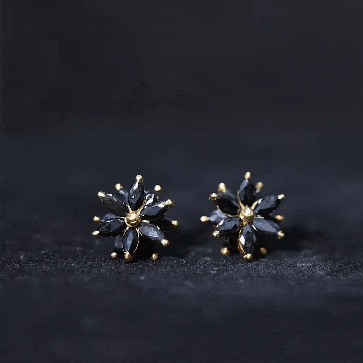 3 CT Marquise Shape Black Onyx Floral Statement Stud Earrings