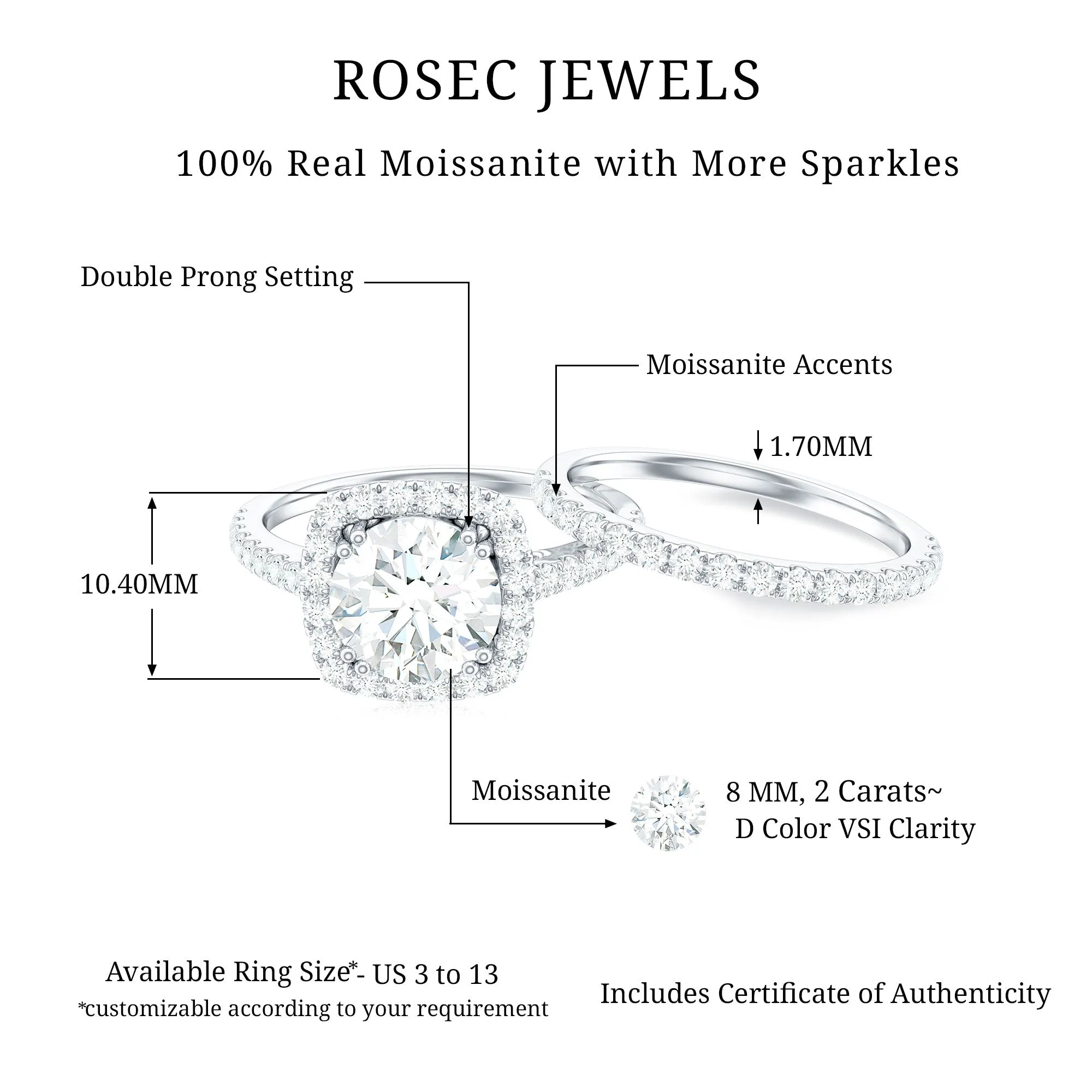 3.25 CT Round Certified Moissanite Wedding Silver Ring Set with Halo