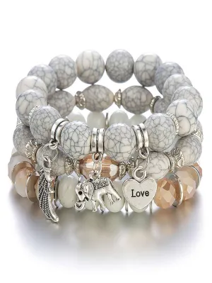 3pcs Bohemian Style White Turquoise & Tassel Beaded Bracelet Set
