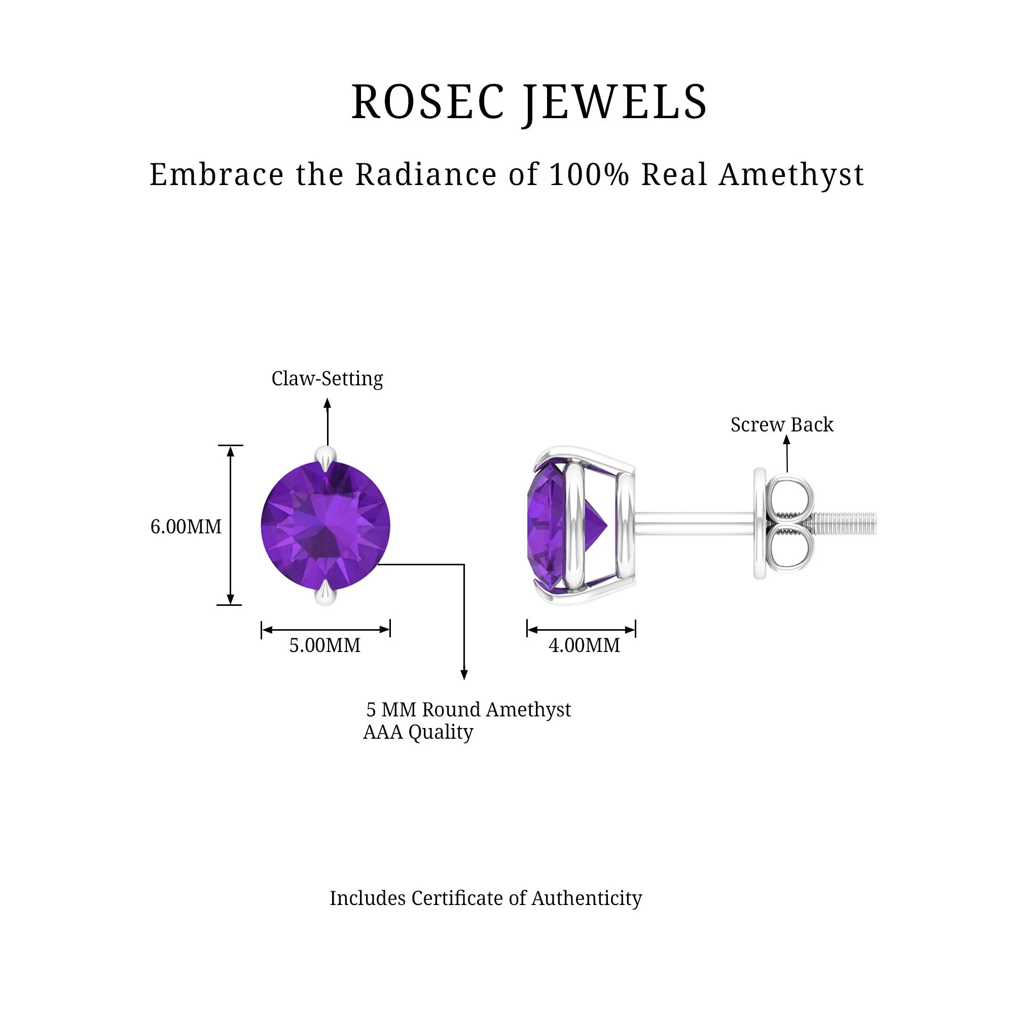 5X5 MM Amethyst Solitaire Stud Earrings for Women