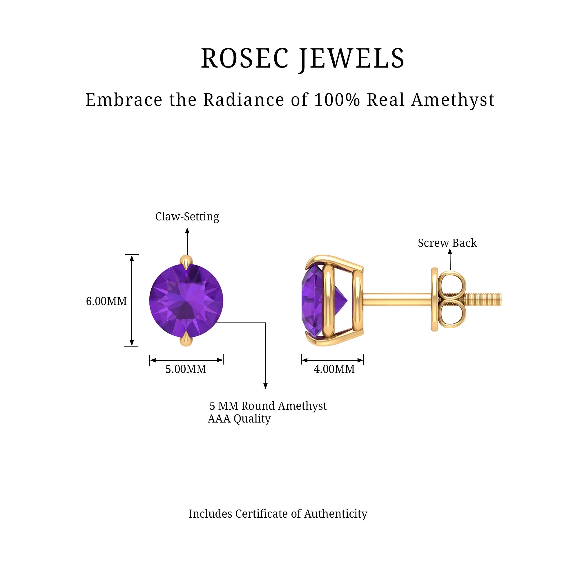 5X5 MM Amethyst Solitaire Stud Earrings for Women