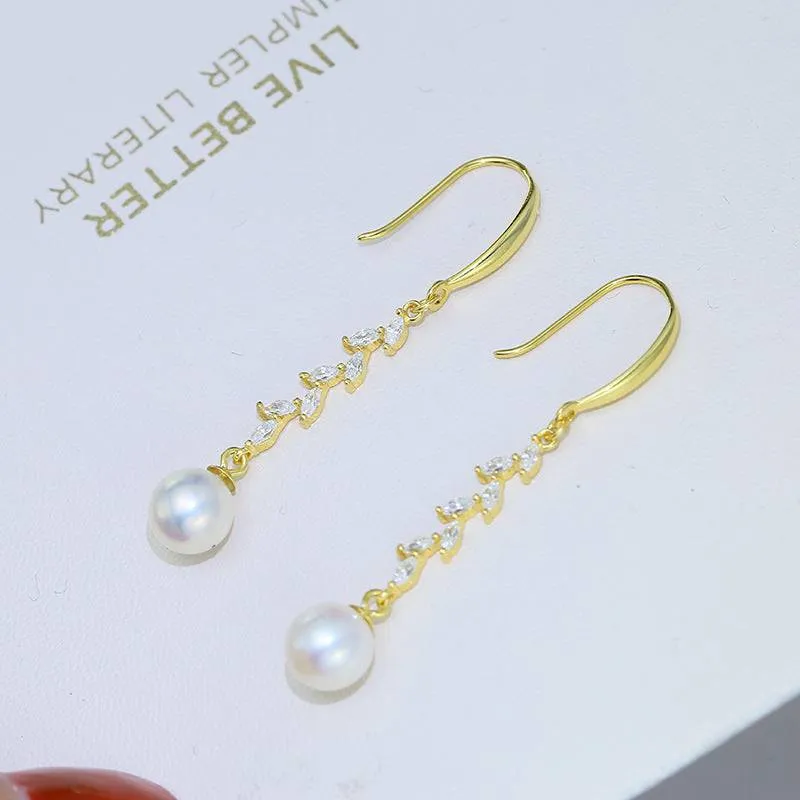 8-9mm Freshwater Pearl & Long Leaf Cubic Zirconia Earrings