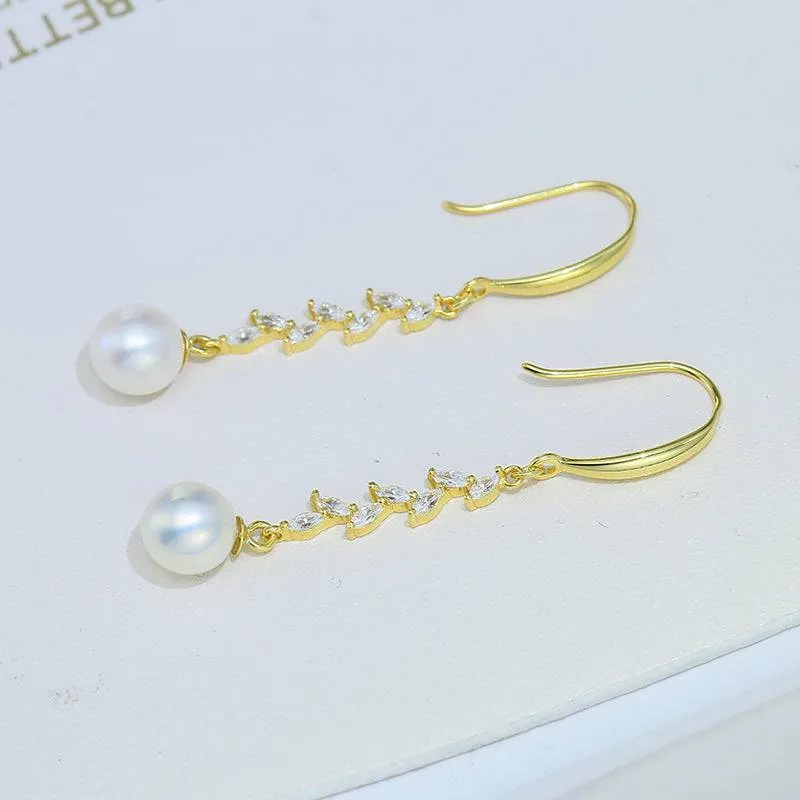 8-9mm Freshwater Pearl & Long Leaf Cubic Zirconia Earrings